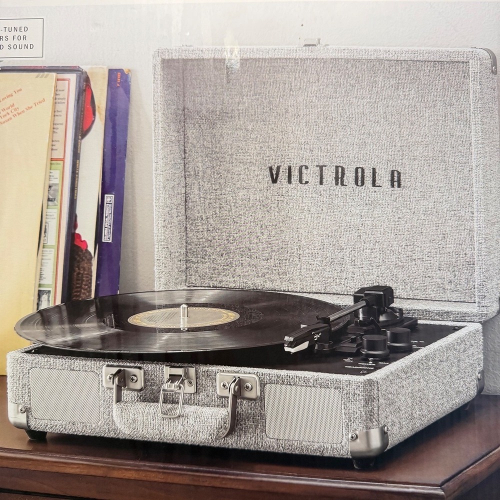 Victrola Journey+ Signature Suitcase Record Player Bluetooth 3-Speed Grey Linen